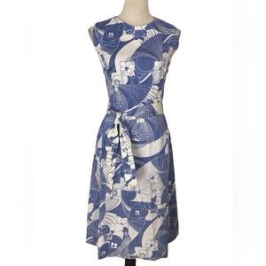 Vintage Tal Saunders Sleeveless Tropical Belted Midi Sheath Dre…